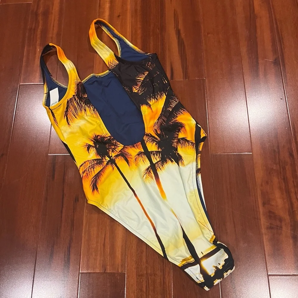 New NWT Aerie Swimsuit One-Piece Cheekiest Sunset Palm Tropical Yellow Sz Small‎
